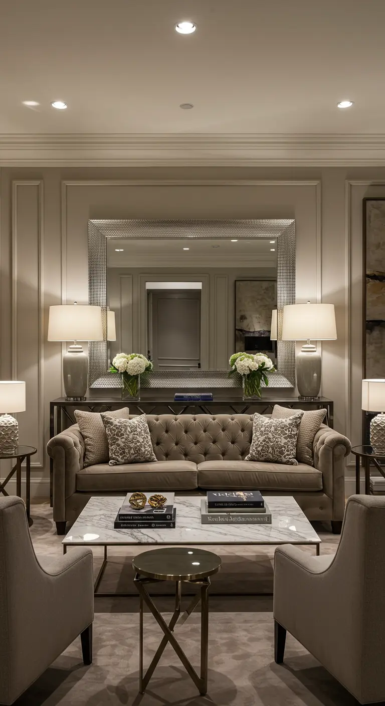 Grand miroir avec cadre texturé argenté au-dessus d'un canapé capitonné beige.