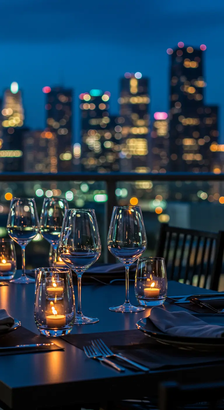 Table dressée sur un balcon avec des verres reflétant les lumières d'une ville nocturne.