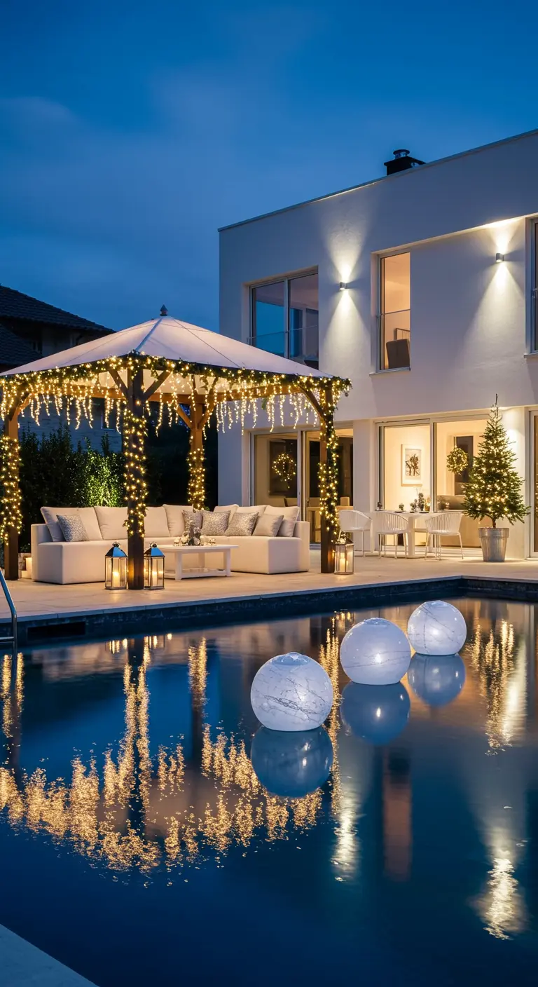 Piscine moderne illuminée avec pergola et sapin de Noël décorés, boules lumineuses flottantes.