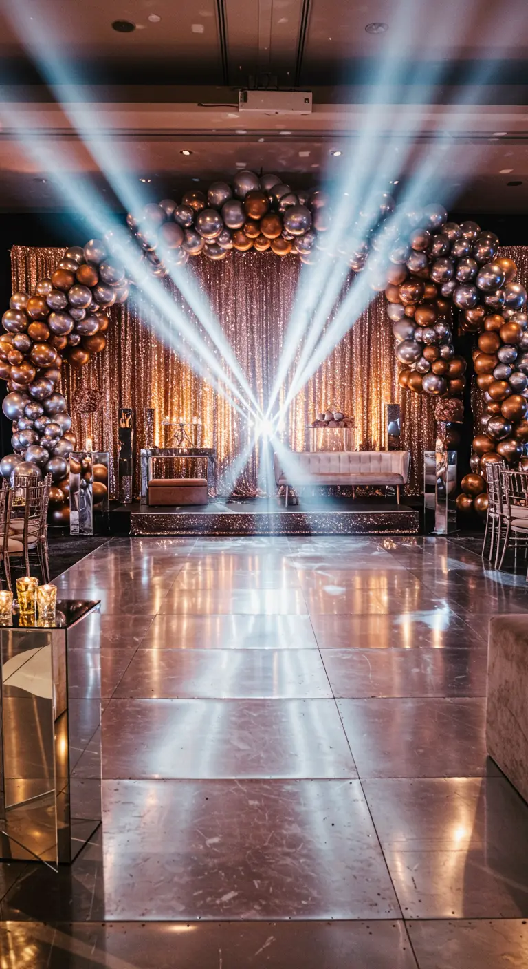 Salle de bal cuivrée/argentée avec arche de ballons, rideau pailleté et piste de danse miroir.