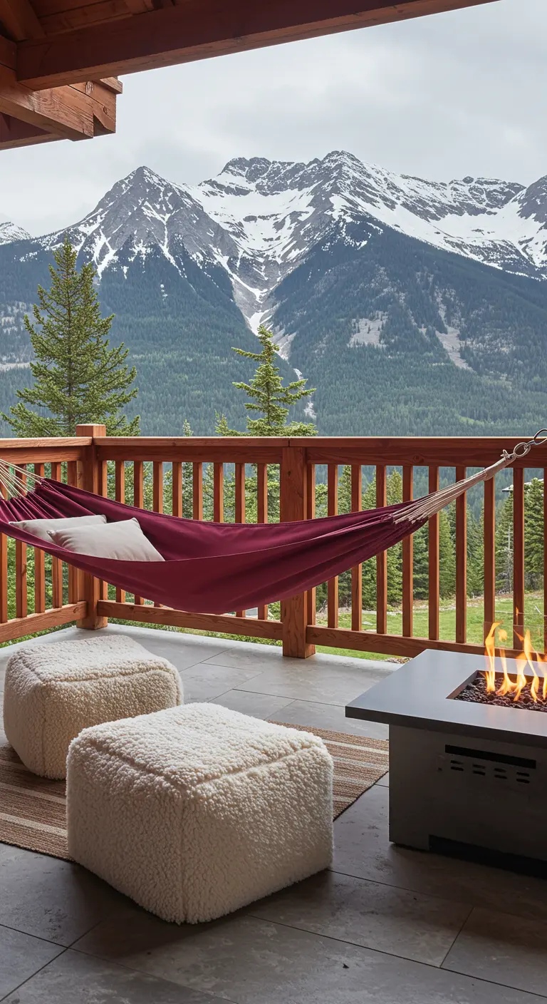 Hamac bordeaux et poufs en bouclette sur un balcon face aux montagnes.