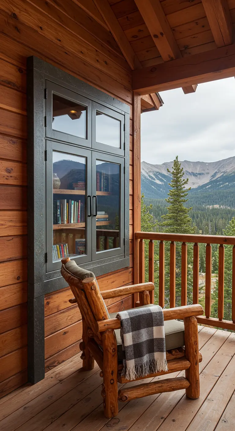 Bibliothèque encastrée en bois sur le balcon d'un chalet de montagne.