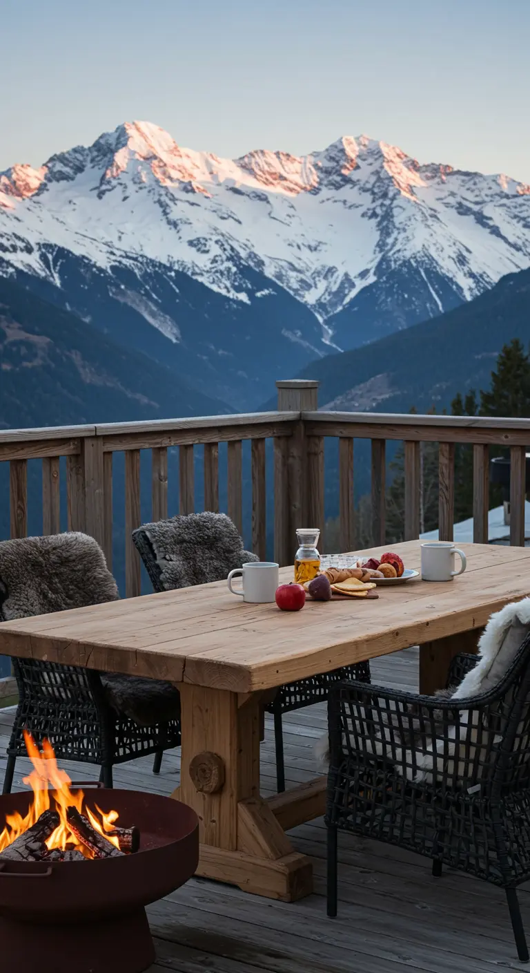 Table en bois sur une terrasse de montagne avec un brasero et des peaux de mouton sur les chaises.