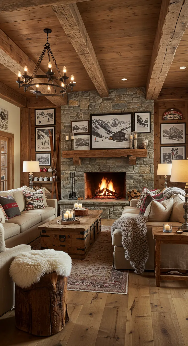 Salon chalet rustique avec un mur de cadres de paysages enneigés et de scènes de ski près de la cheminée.