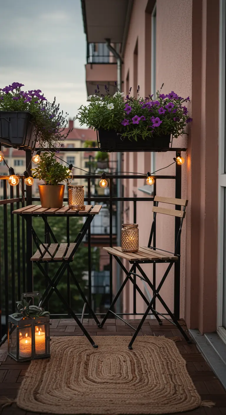 Petit balcon décoré de plantes, de guirlandes lumineuses, d'une lanterne et d'un tapis en jute au crépuscule.