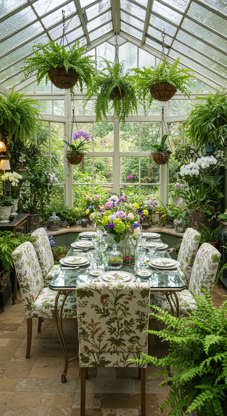 Table dans une serre luxuriante avec vaisselle blanche et grand bouquet de fleurs.