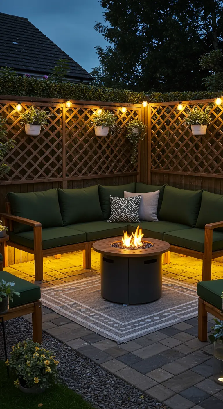Canapé d'angle en bois, coussins vert, LED chaudes et brasero sur un patio rustique.