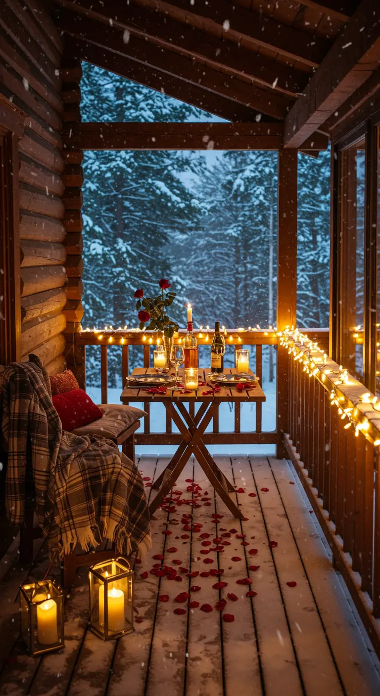 Dîner romantique sur le balcon enneigé d'un chalet en bois.