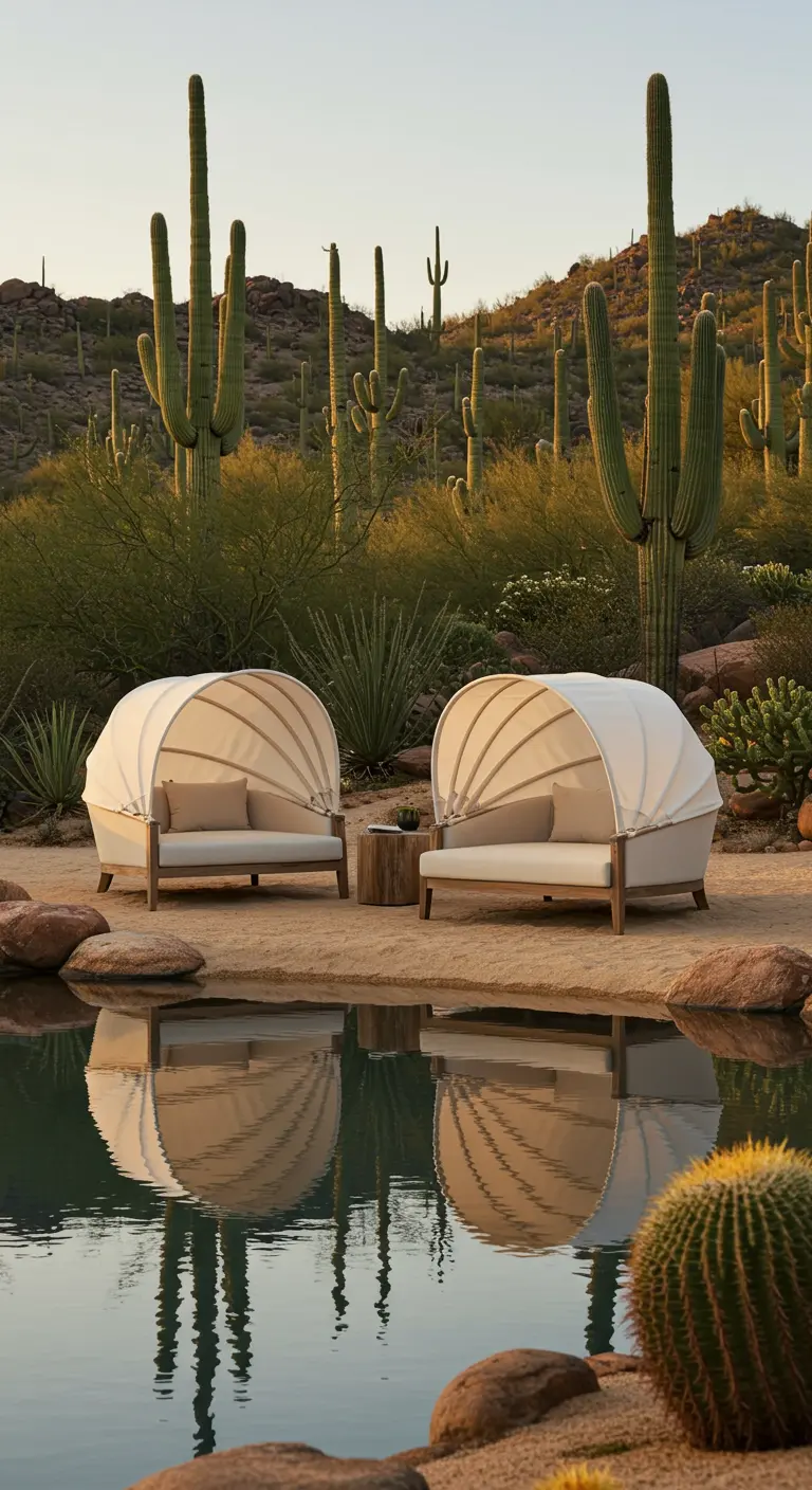 Deux transats à baldaquin au bord d'une pièce d'eau dans un paysage désertique avec des cactus.