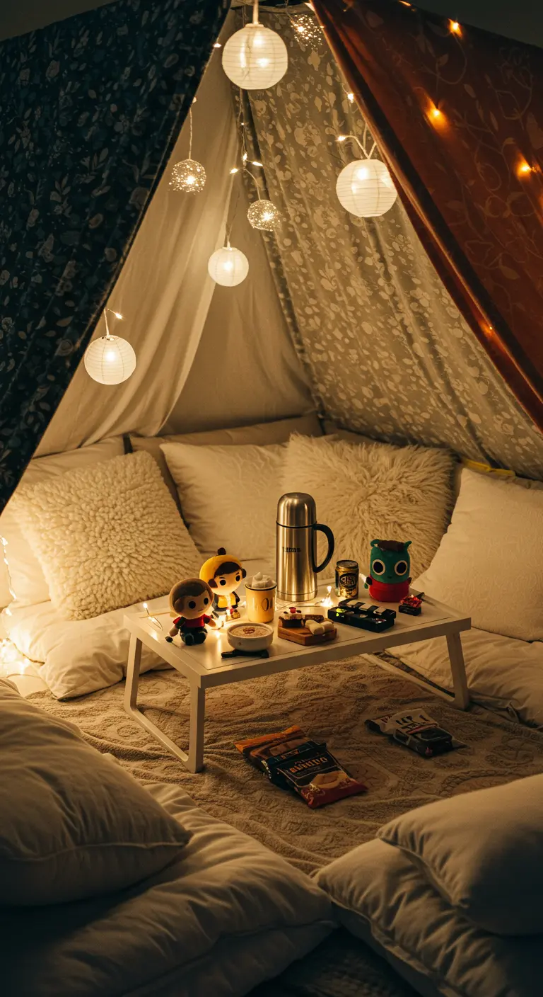 Cabane intérieure avec plaid, coussins, snacks et guirlandes lumineuses pour une nuit film.