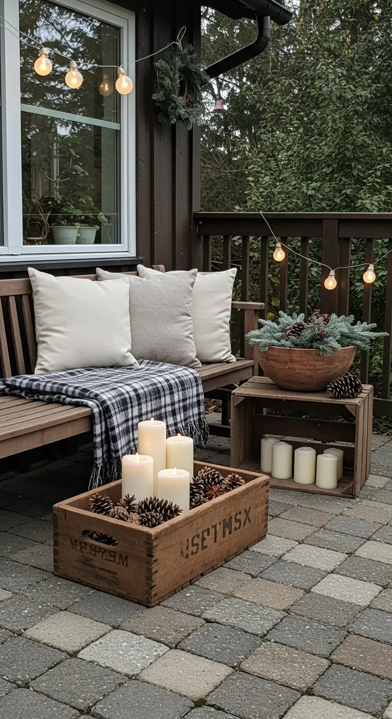 Banc d'extérieur avec plaid, coussins, et une caisse en bois remplie de bougies et pommes de pin.