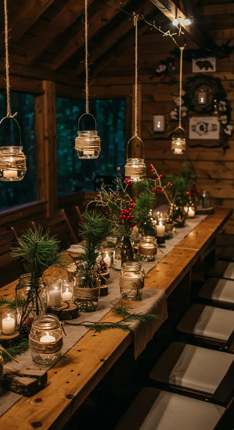 Table de mariage dans un chalet, branches de pin, baies rouges, bougies et bocaux lumineux.