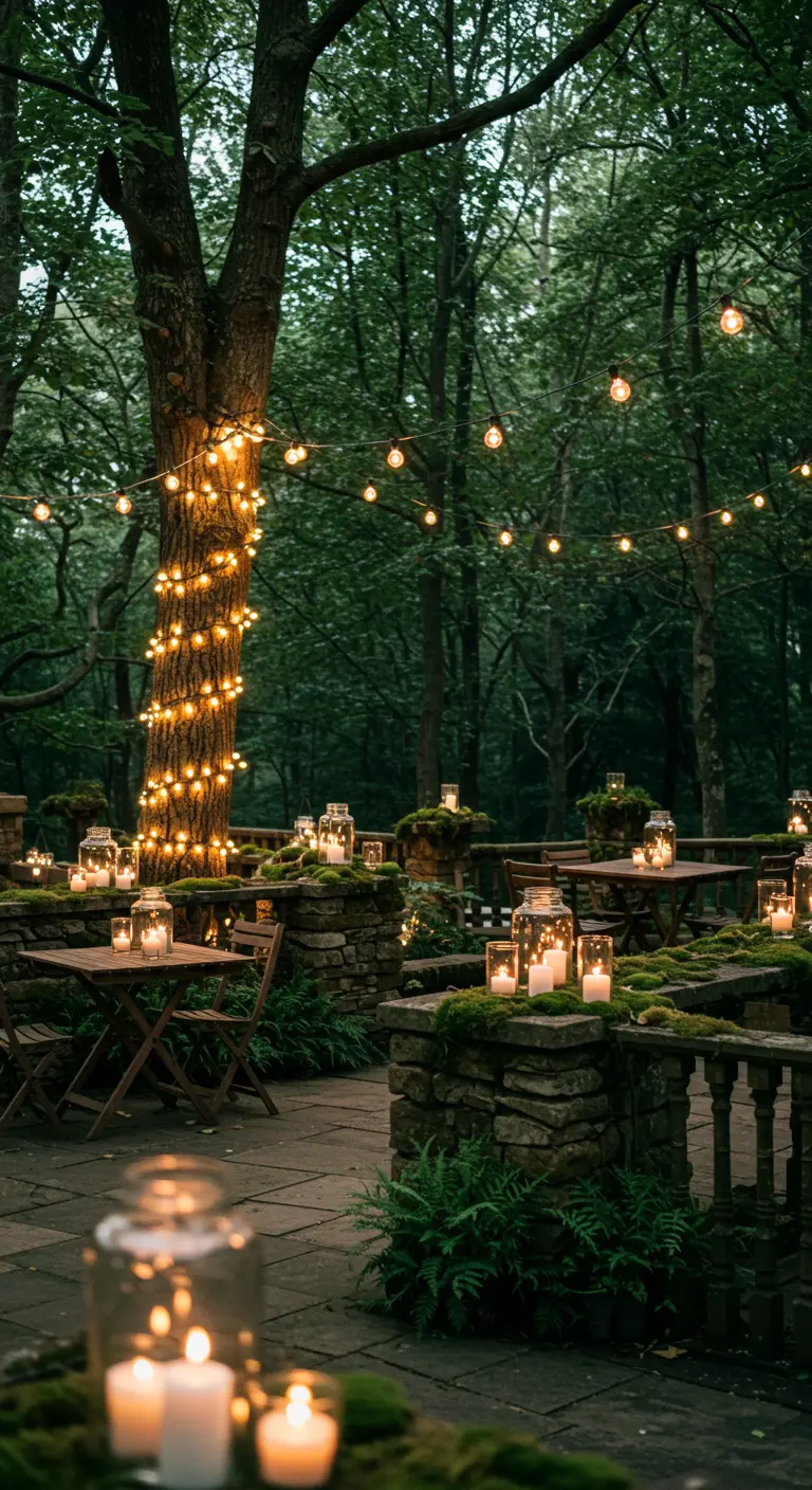 Terrasse en pierre et mousse au milieu d'une forêt, illuminée par des bougies dans des bocaux et des guirlandes sur un arbre.