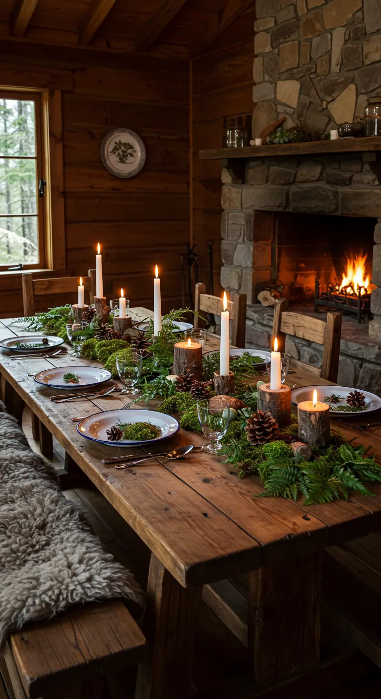 Table de chalet rustique avec mousse, pommes de pin et bougeoirs en rondins.