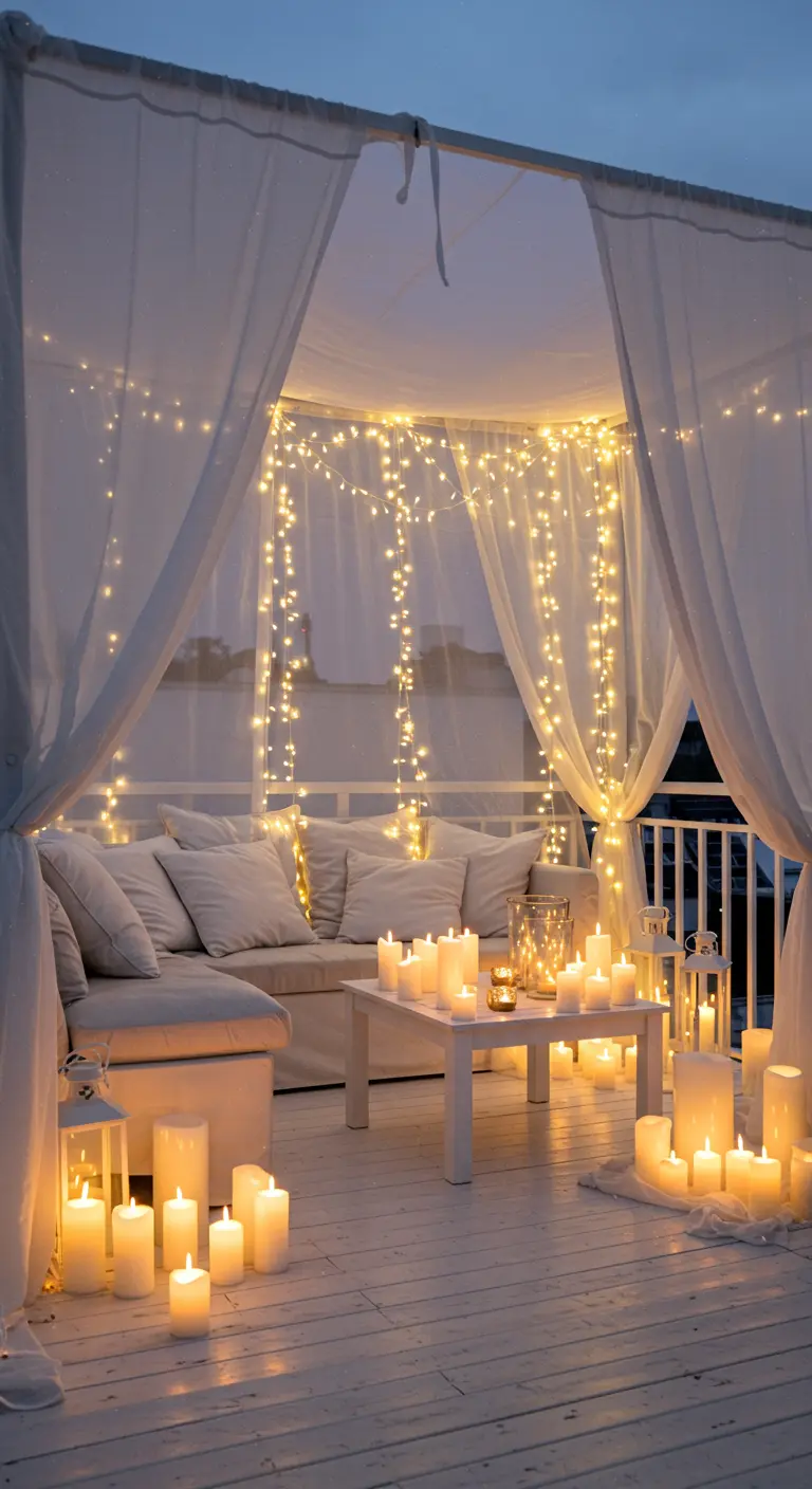 Balcon d'hiver décoré de voilages blancs, guirlandes lumineuses et nombreuses bougies.