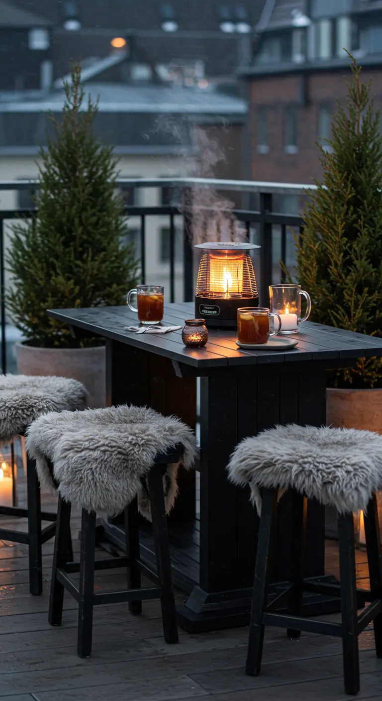 Table haute d'extérieur en hiver avec des peaux de mouton et un chauffage.