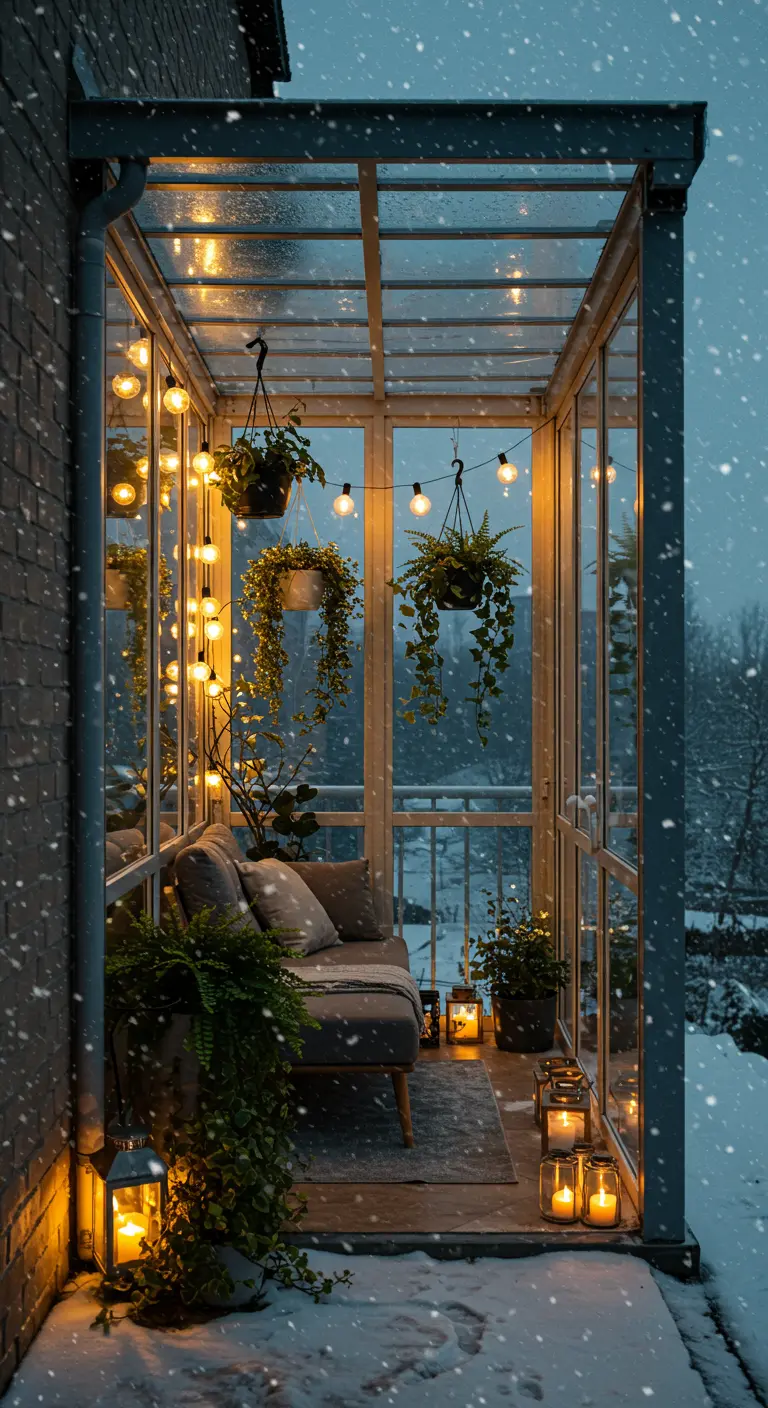Balcon vitré en hiver avec de la neige qui tombe, des lumières et des plantes.