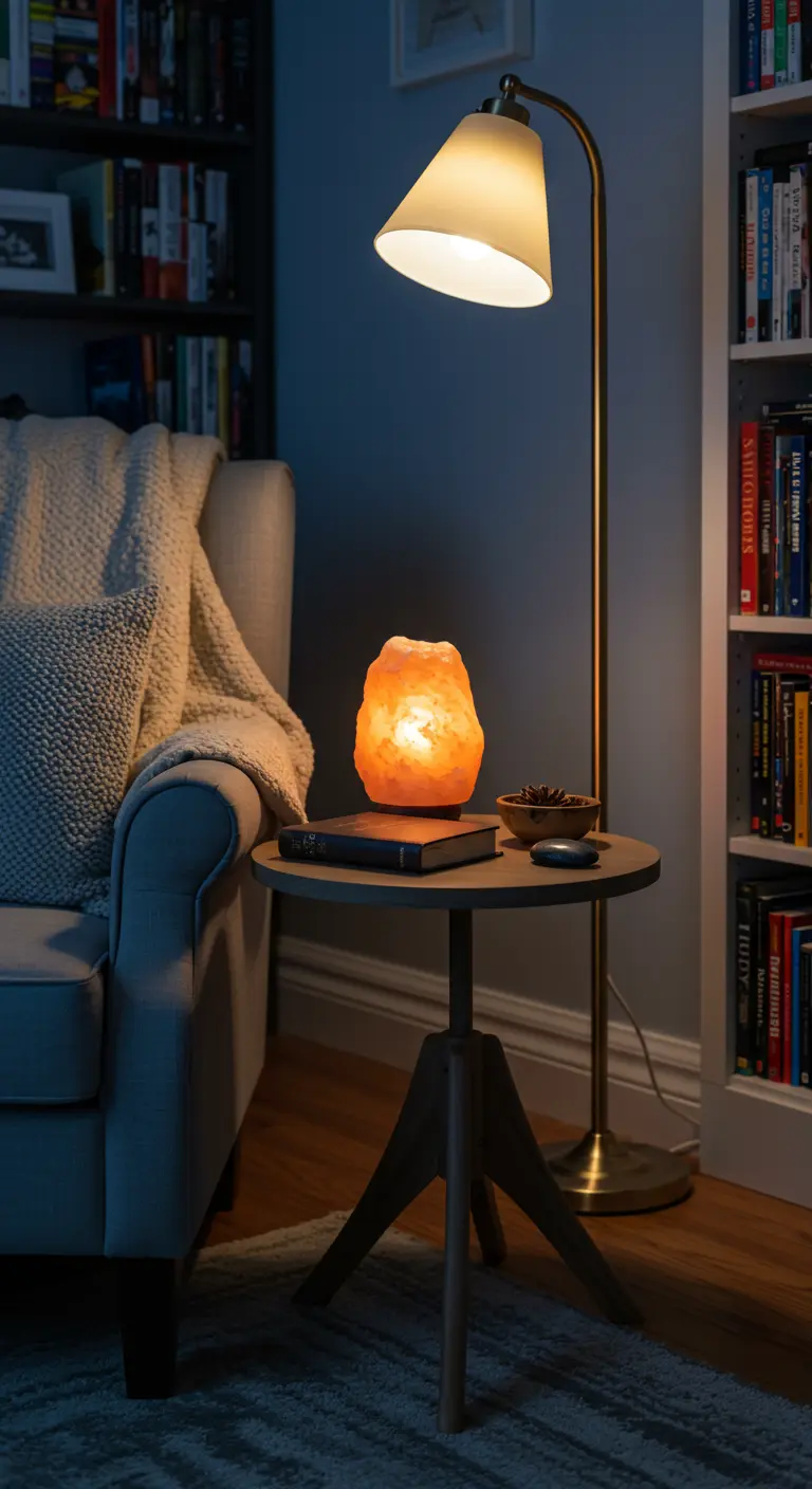 Lampe de sel sur une table d'appoint à côté d'un fauteuil et d'une bibliothèque, coin lecture.