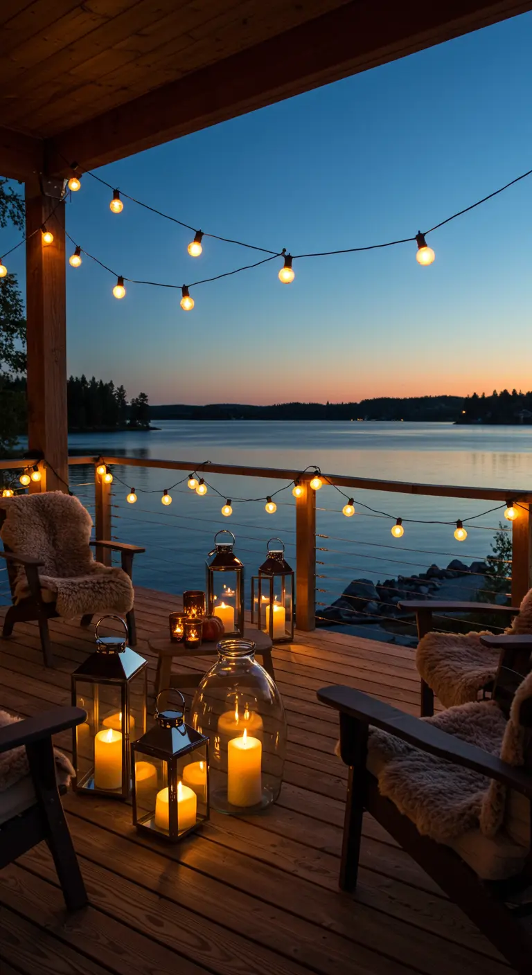 Terrasse en bois au bord d'un lac, décorée de guirlandes lumineuses, lanternes et sièges cosy.