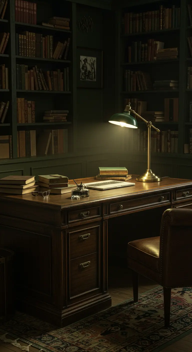 Bureau en bois sombre dans une bibliothèque vert foncé, éclairé par une lampe de banquier.