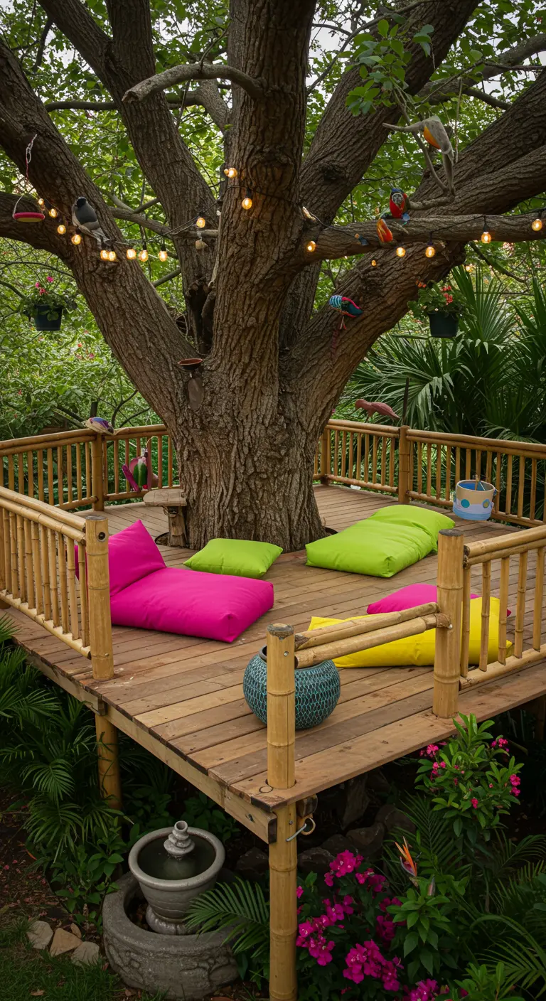 Plateforme en bois surélevée autour d'un arbre, avec coussins colorés et guirlandes lumineuses.