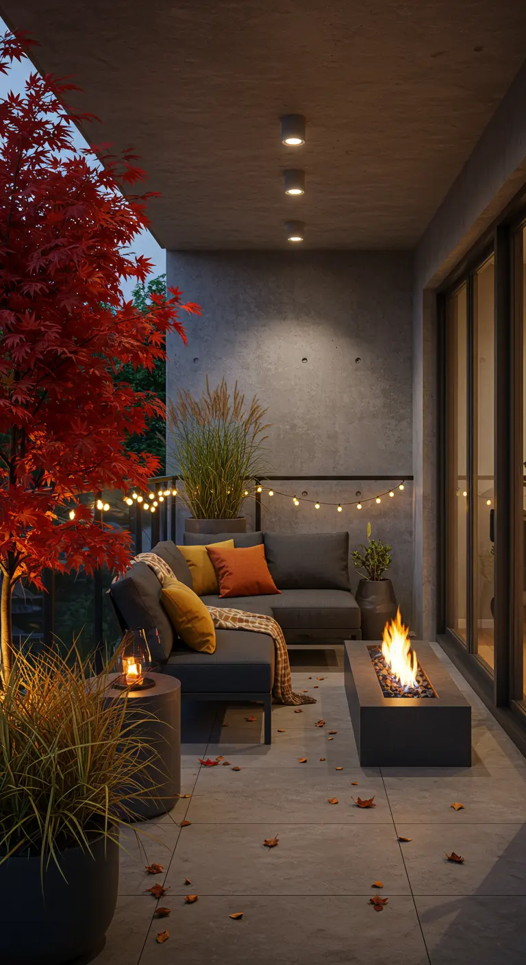 Balcon moderne avec foyer extérieur, érable japonais rouge, herbes ornementales, guirlandes et coussins orange.
