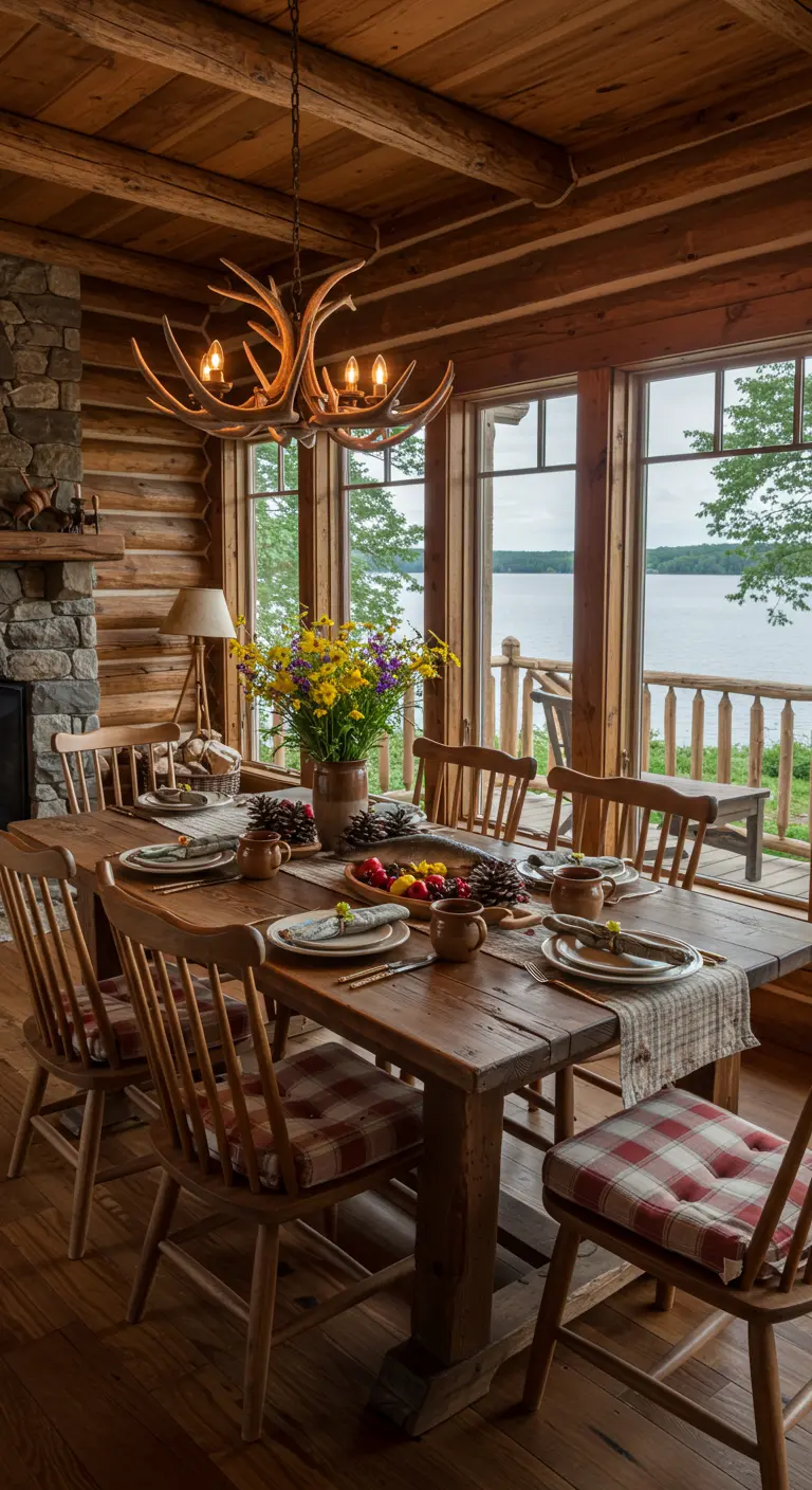 Table rustique dans un chalet avec vaisselle naturelle, coussins à carreaux et fleurs.