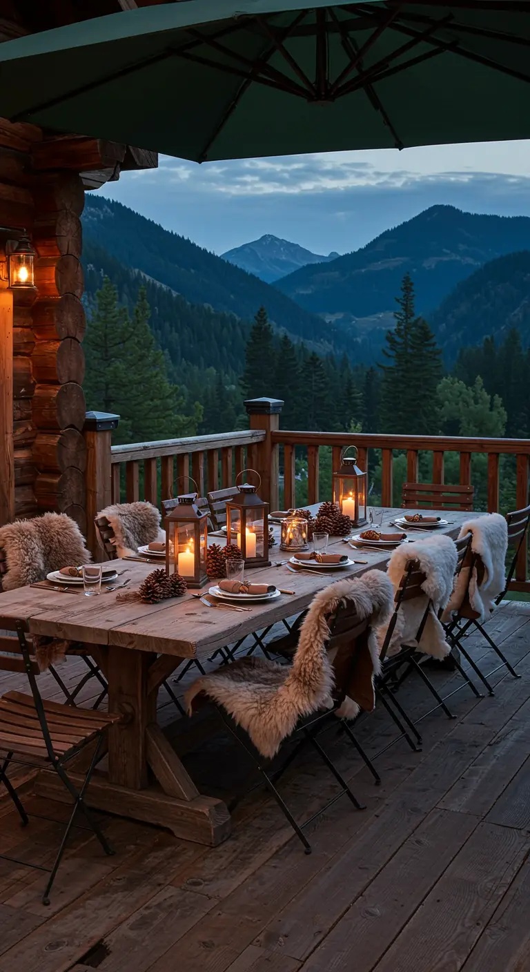 Table en bois, chaises rustiques, parasol vert, peaux de mouton, lanternes sur une terrasse montagne.