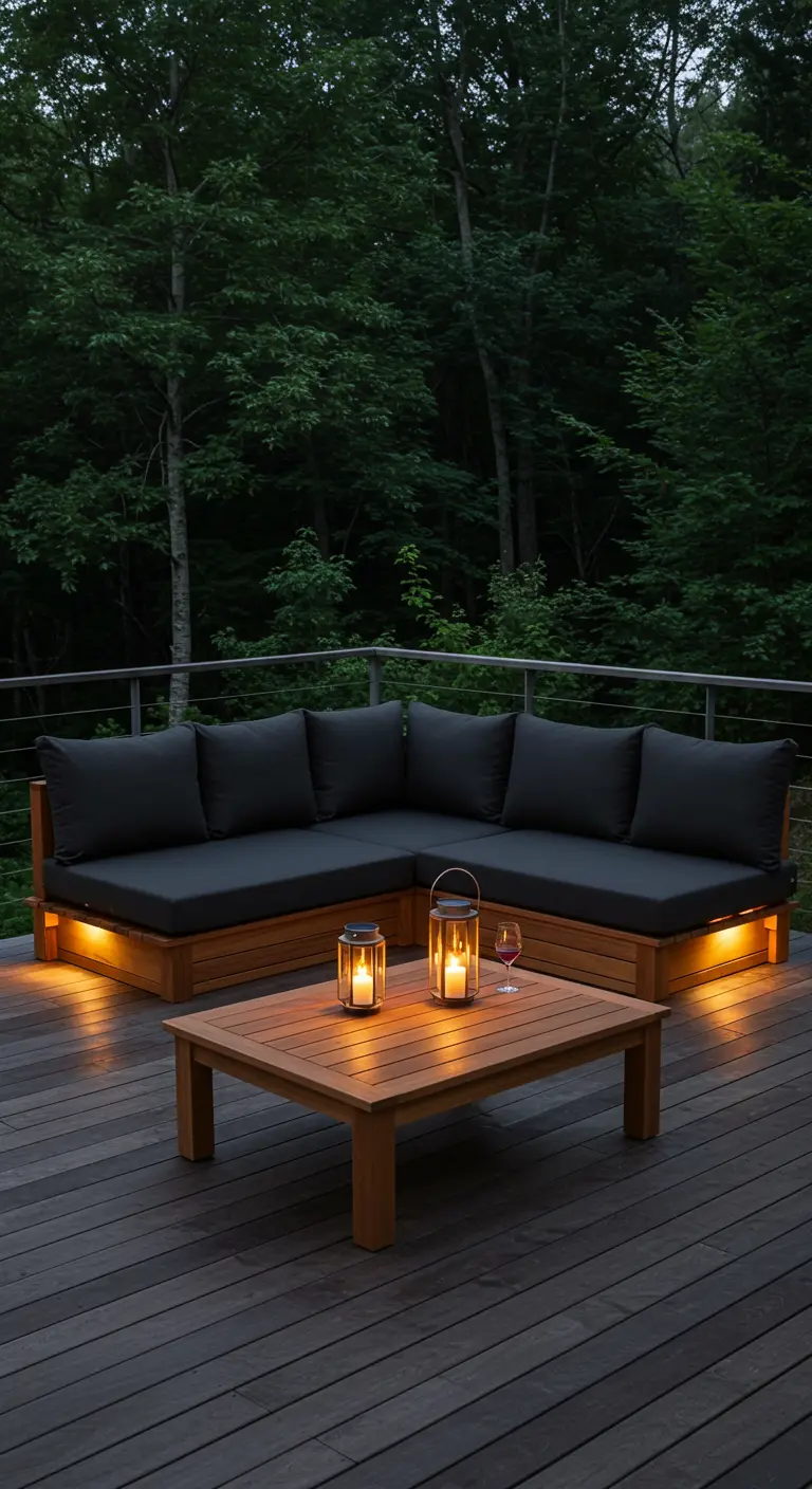 Salon d'angle en bois avec éclairage LED intégré sur une terrasse en forêt.