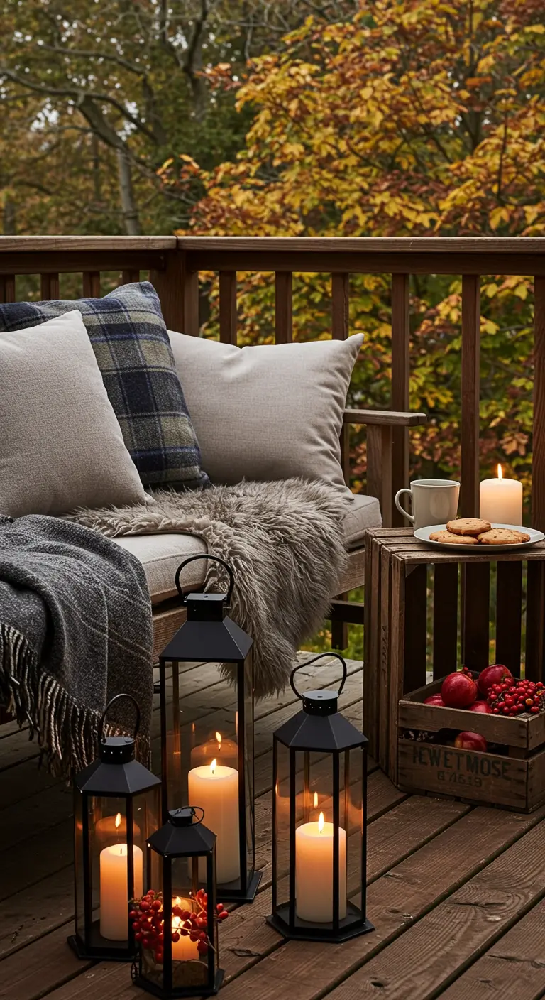 Banc en bois avec plaids, coussins et lanternes au sol.
