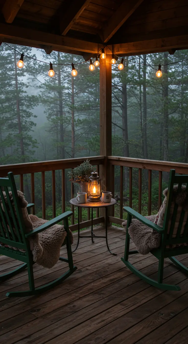 Balcon en bois avec fauteuils à bascule, lanterne et guirlandes, vue sur forêt brumeuse.