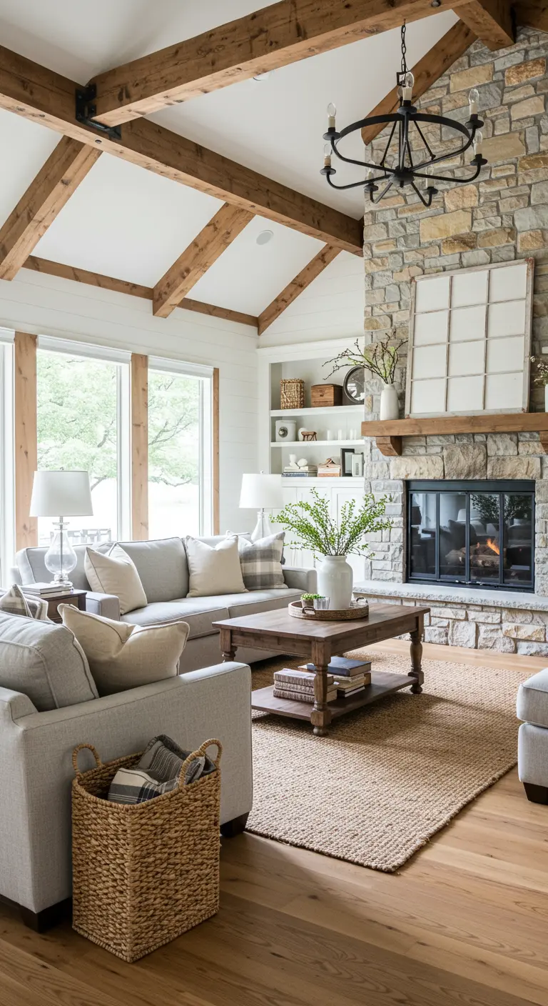 Salon rustique avec cheminée en pierre, poutres en bois et grand tapis en jute.