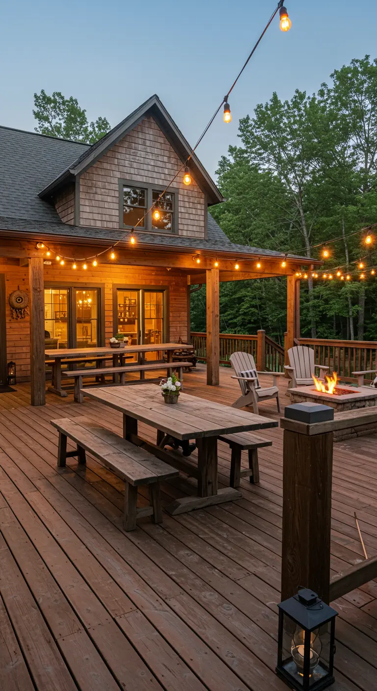 Grande terrasse en bois avec guirlandes lumineuses, brasero, et mobilier en bois rustique pour des soirées au calme.