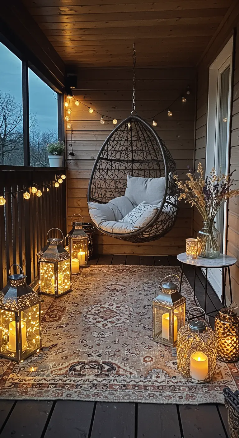 Balcon cosy avec fauteuil œuf suspendu, guirlande lumineuse et nombreuses lanternes marocaines au sol.