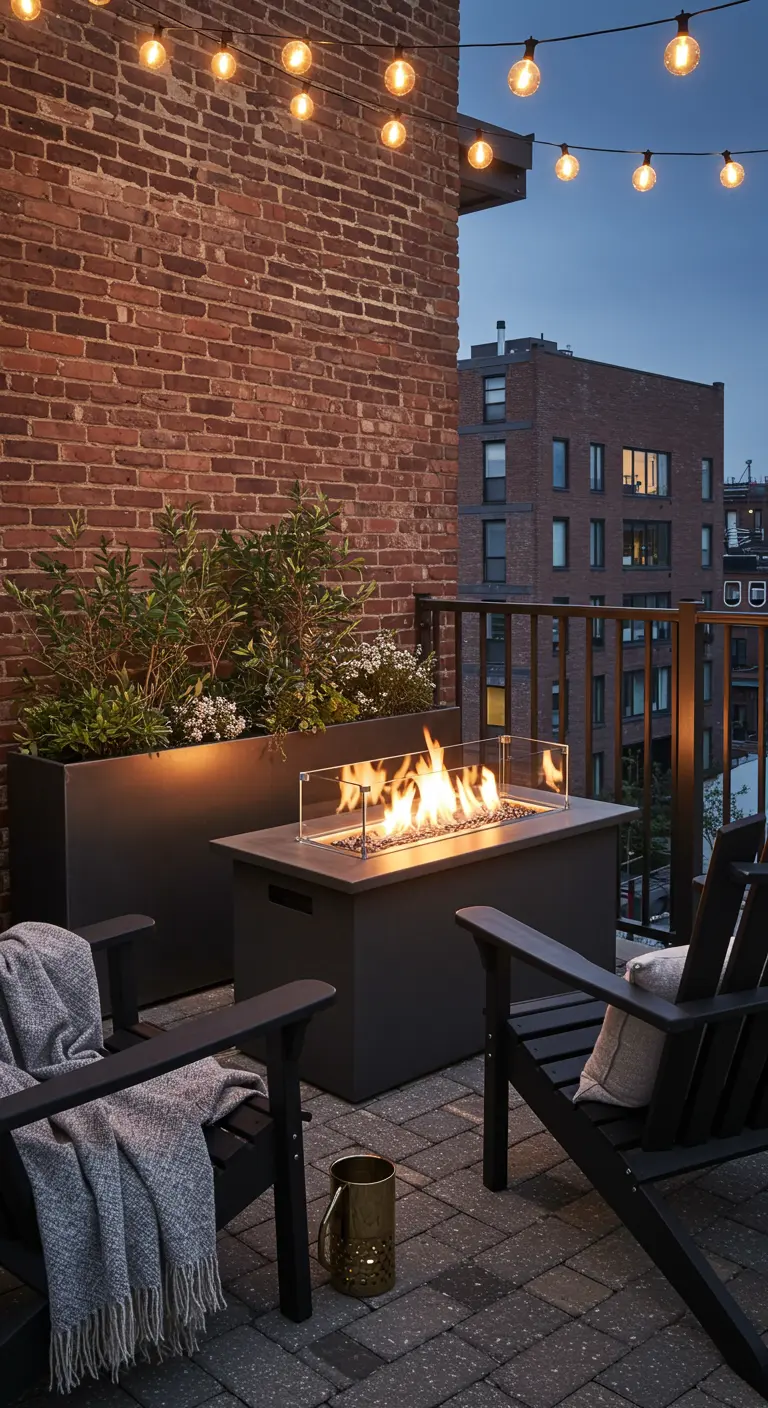 Balcon urbain avec foyer au gaz, fauteuils Adirondack noirs, jardinière et guirlandes lumineuses