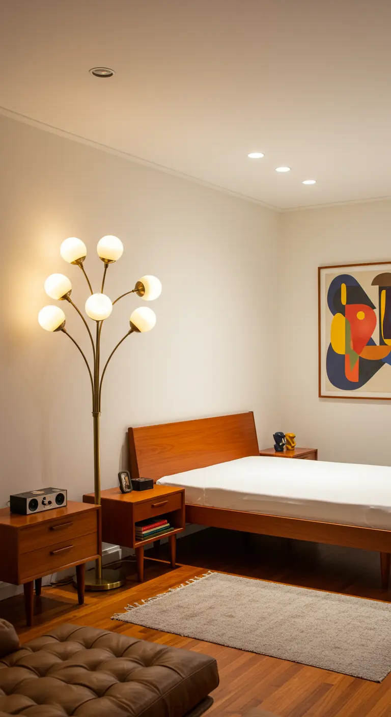 Chambre Mid-Century avec un lampadaire multi-globes en laiton.