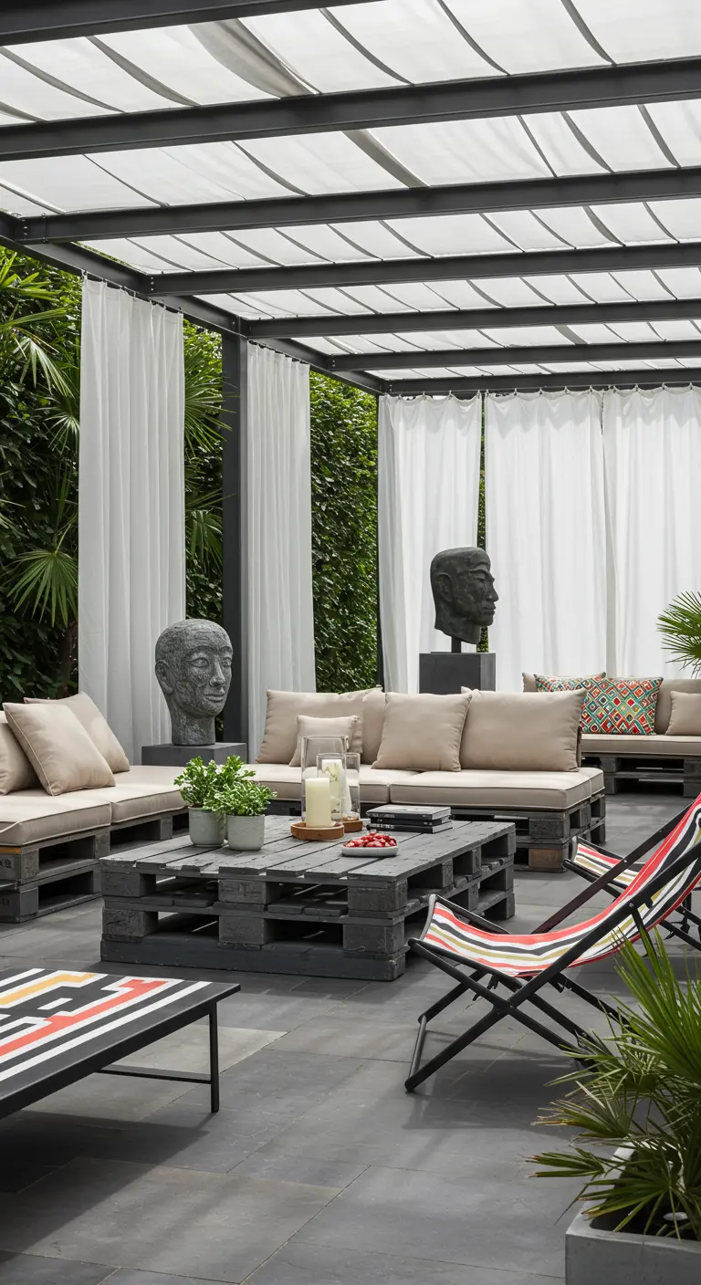 Terrasse moderne avec salon en palettes grises, sculptures et rideaux blancs.