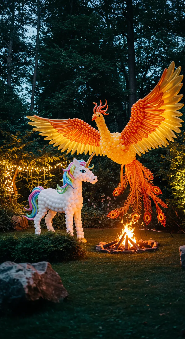 Un phénix et une licorne géants en ballons illuminés dans un jardin la nuit.