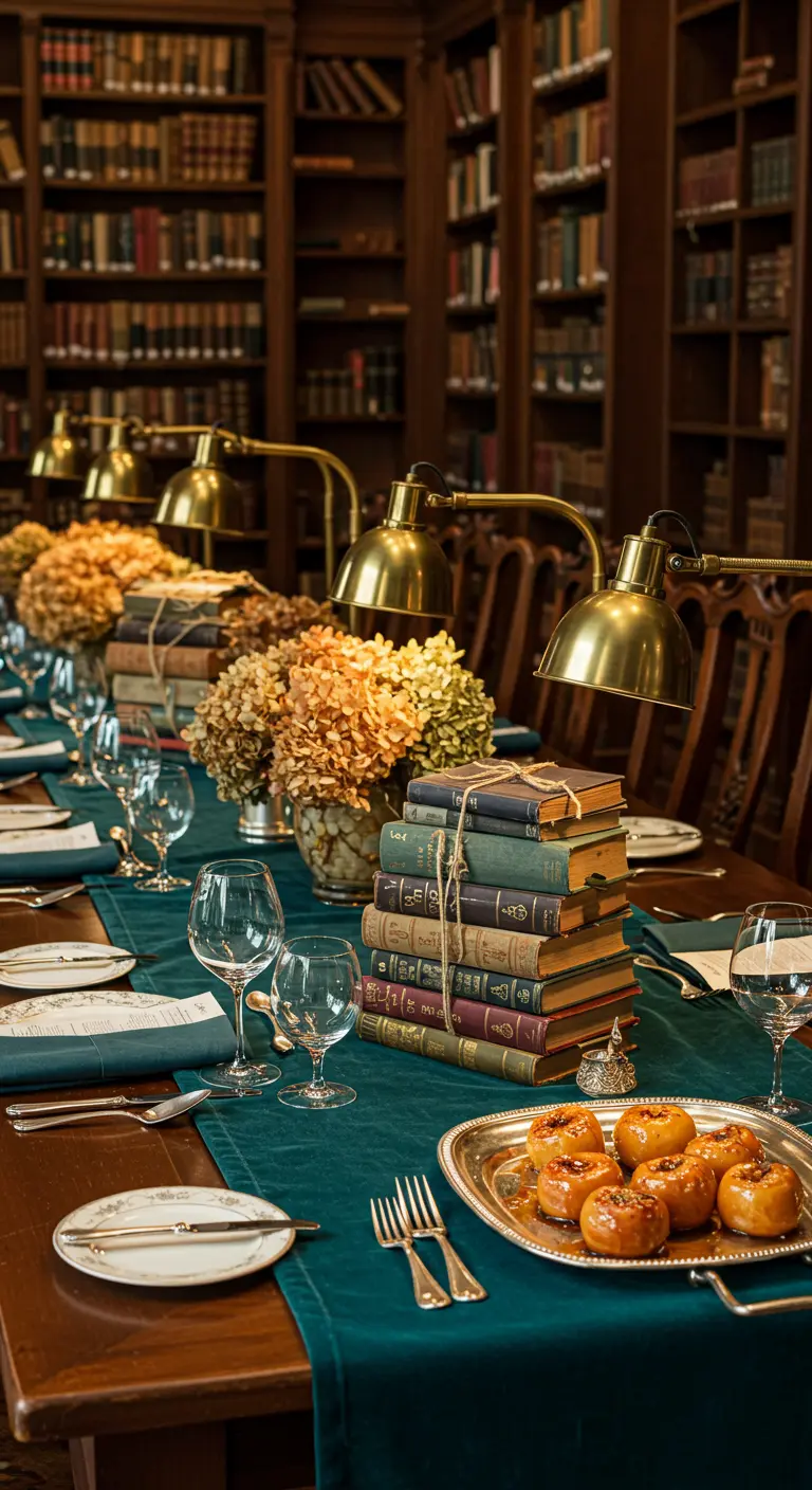 Table de dîner dans une bibliothèque avec des livres en guise de décoration.