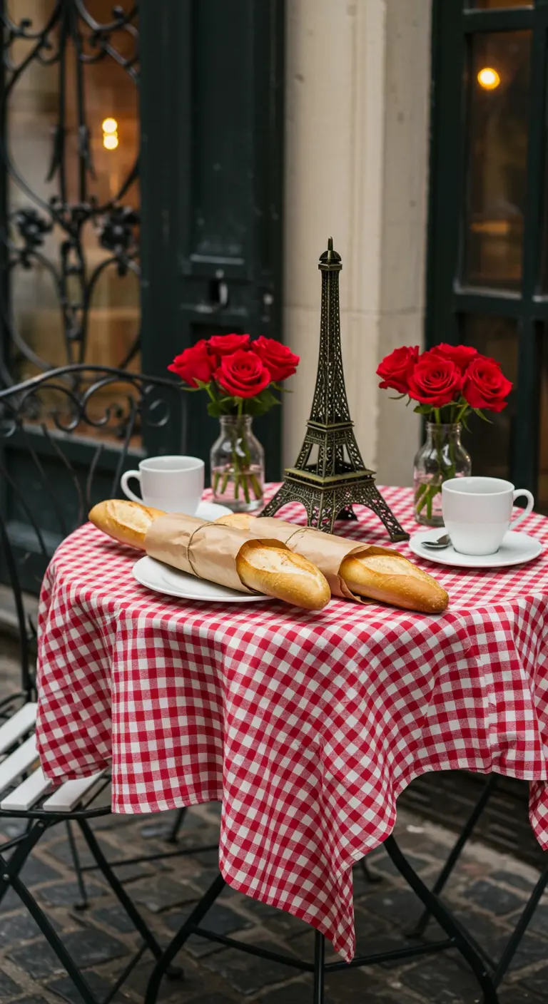 Petite table de bistrot parisien avec nappe à carreaux et Tour Eiffel.
