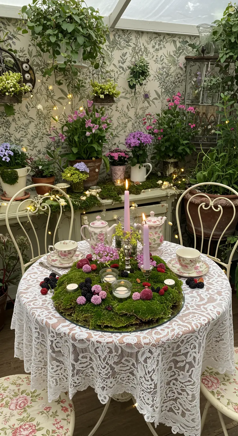 Centre de table romantique avec mousse, bougies roses, framboises et mûres sur un miroir rond, ambiance florale.