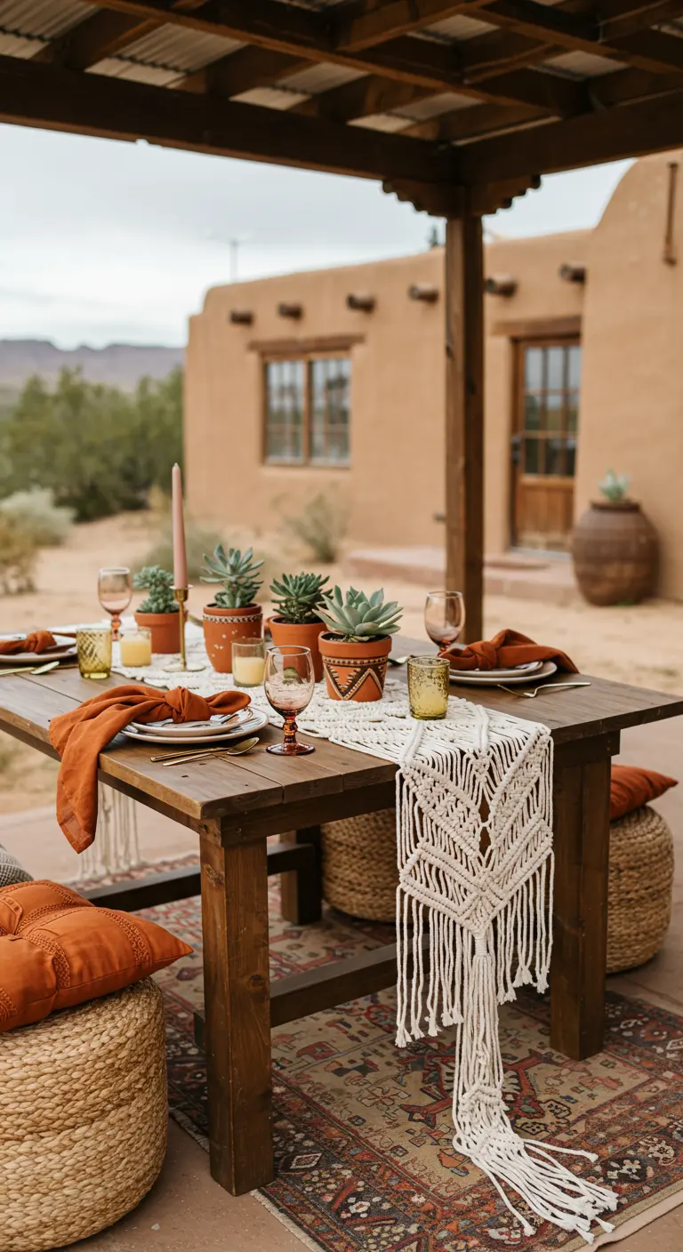 Table de jardin avec des succulentes en pots et des tons terre cuite.