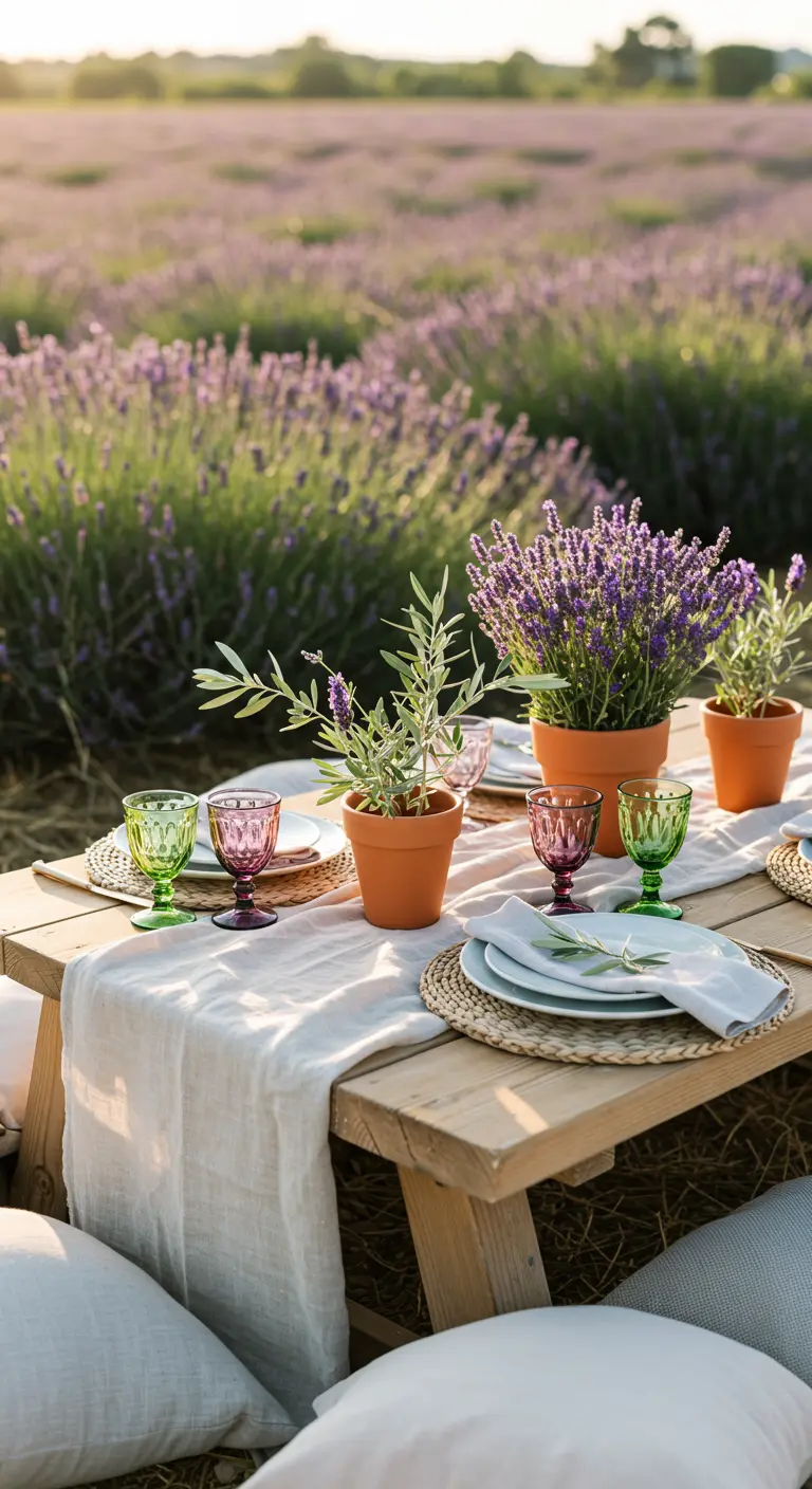 Table de pique-nique dans un champ de lavande avec chemin de table blanc, plantes en pots et verres colorés.