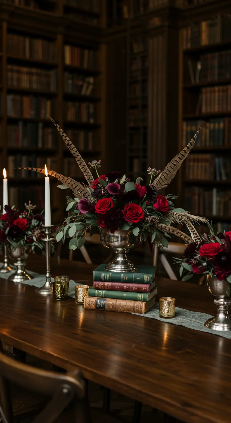 Composition florale rouge et plumes sur une pile de livres anciens dans une bibliothèque.