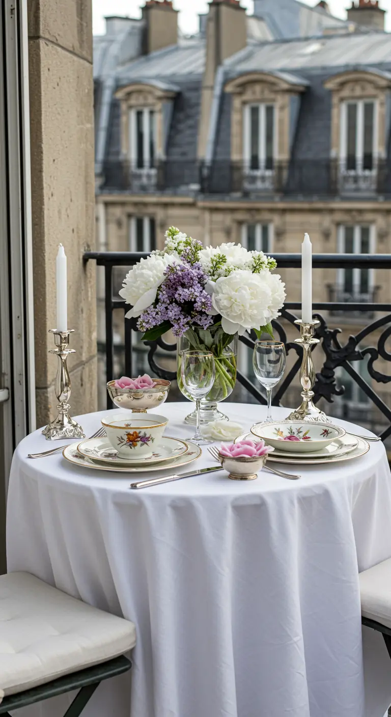 Table pour deux sur un balcon parisien avec un bouquet de pivoines blanches.