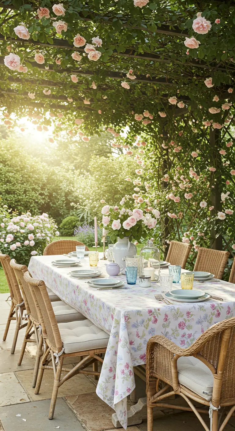 Table élégante sous une pergola de roses pâles, nappe florale, chaises en rotin et vaisselle pastel.