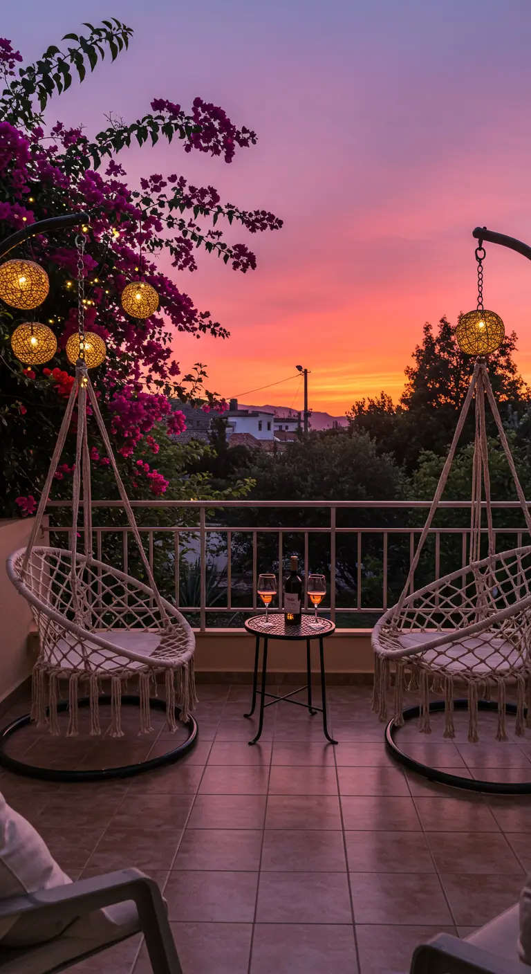 Deux fauteuils suspendus en macramé sur un balcon au crépuscule rose.