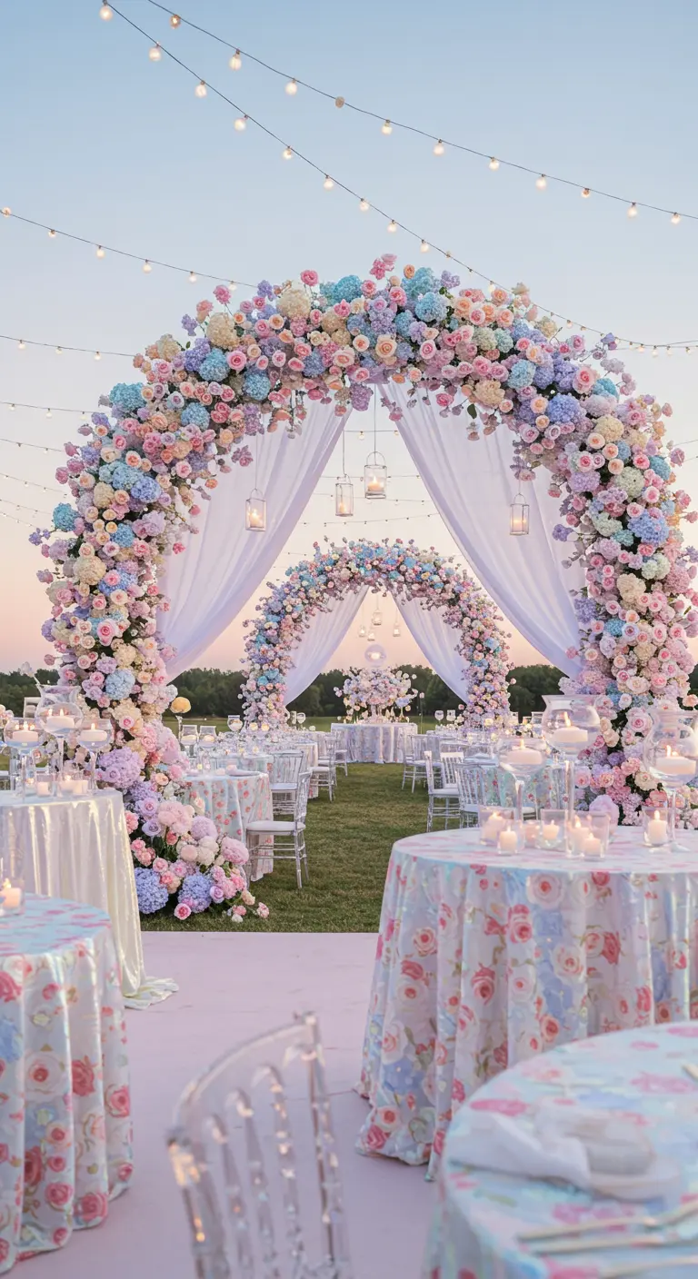 Dîner romantique dans un jardin avec une arche fleurie, table avec nappe florale sombre et chandeliers.
