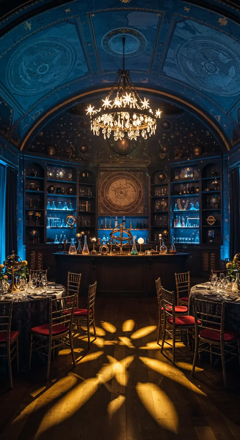 Salle de réception au plafond bleu nuit peint de constellations et décorée sur le thème de l'astronomie.