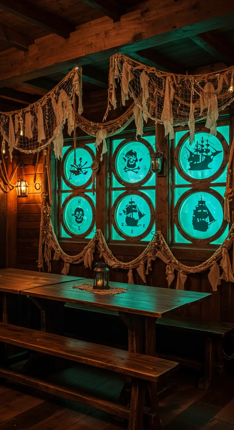 Pièce à thème pirate avec hublots décorés de silhouettes et filets de pêche.